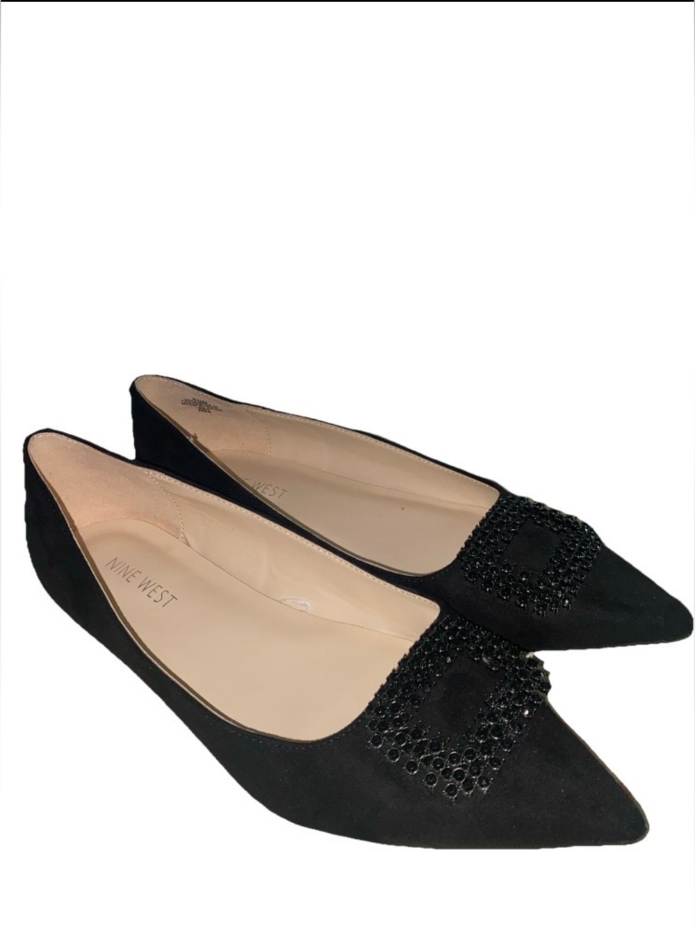 Nine West Faux Suede Rhinestone Buckle Pointy Toe Flats Shoes in Black 8M